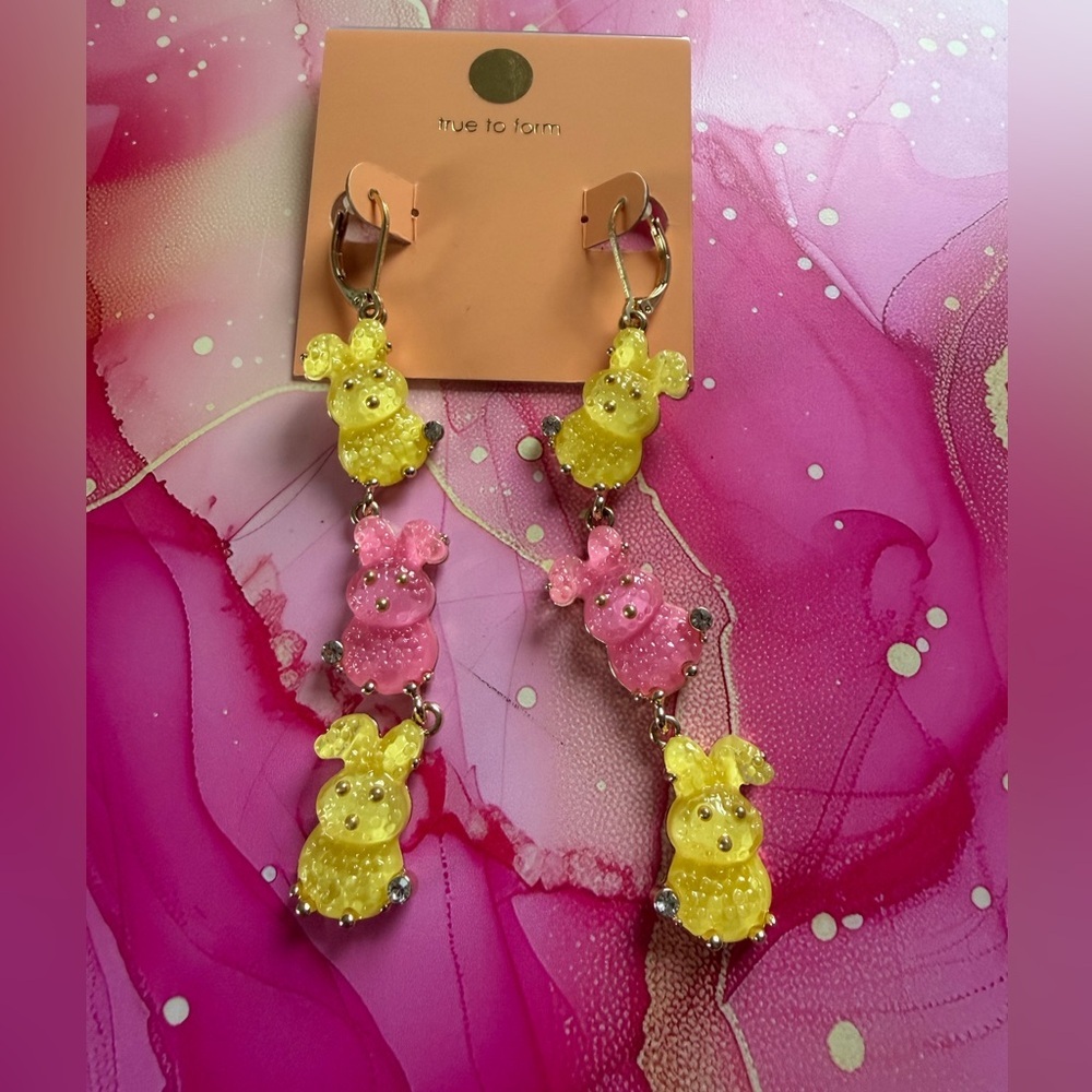 True To Form Yellow & Pink Bunny Drop Earrings NWT